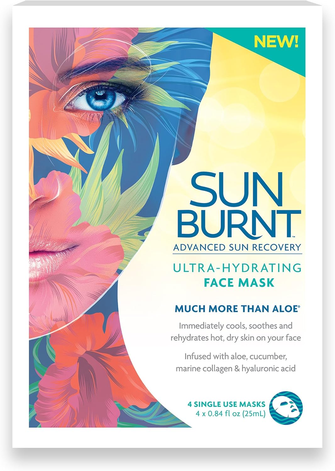 Sunburnt Ultra-Hydrating Face Sheet Mask, Advanced Sun Recovery, Treat Dry Sun Damaged Skin, For After Sun Exposure, Much More than Aloe, Soothes and Rehydrates Hot Dry Skin (4 single use masks) : Beauty & Personal Care