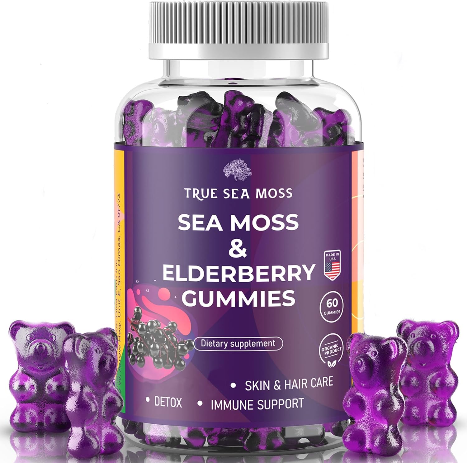 Natural Sea Moss Gummies with Elderberry Contains Irish Sea Moss, Elderberry Extract, Burdock Root, Bladderwrack, 60 pcs Gel Gummies for Thyroid, Immune Support, Energy, Pack of 1