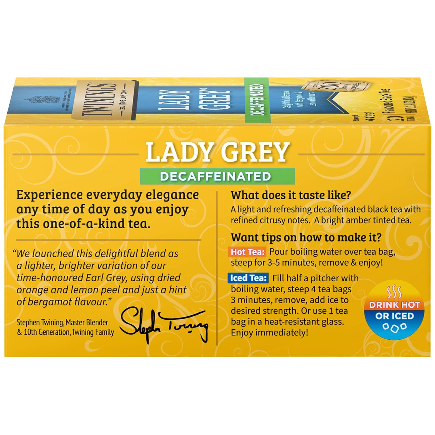 Twinings Decaffeinated Lady Grey Black Tea Individually Wrapped Bags, 20 Count (Pack Of 1), Orange Peel & Lemon Peel, Enjoy Hot Or Iced | Packaging May Vary