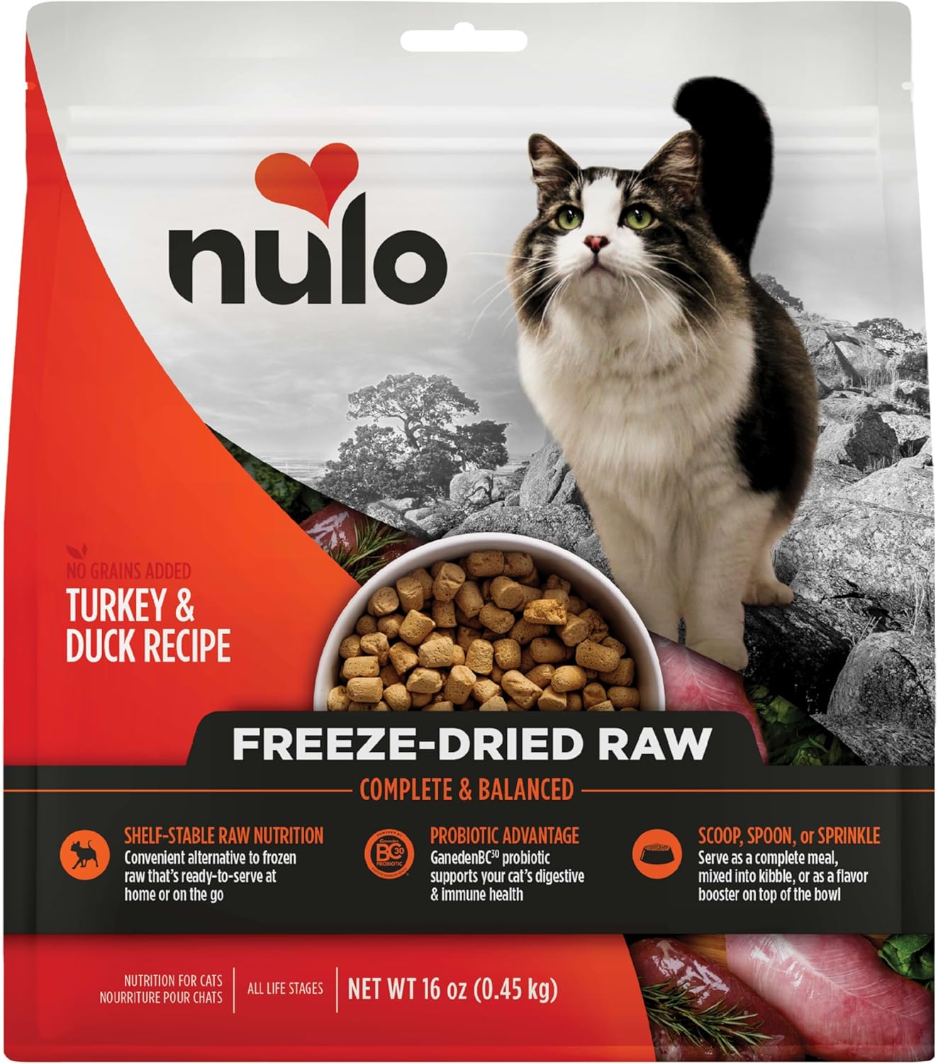 Nulo Freestyle Freeze-Dried Raw, Ultra-Rich Grain-Free Dry Cat Food For All Breeds And Life Stages With Bc30 Probiotic For Digestive And Immune Health, Turkey & Duck, 16 Ounce