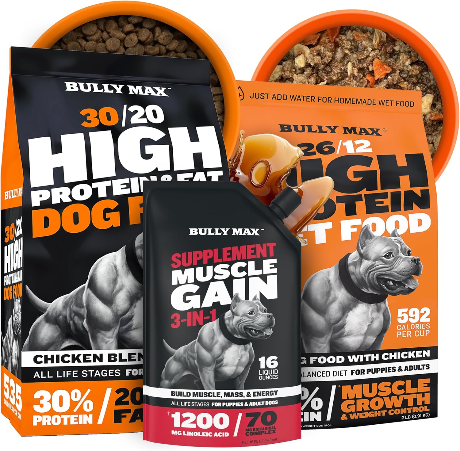 Bully Max High Performance Dry Dog Food 15 Lbs, Wet Dog Food 2 Lbs & 3-In-1 Liquid Muscle Supplement Bundle - Complete High Protein Nutrition & Muscle Support For All Dog Breeds & Ages