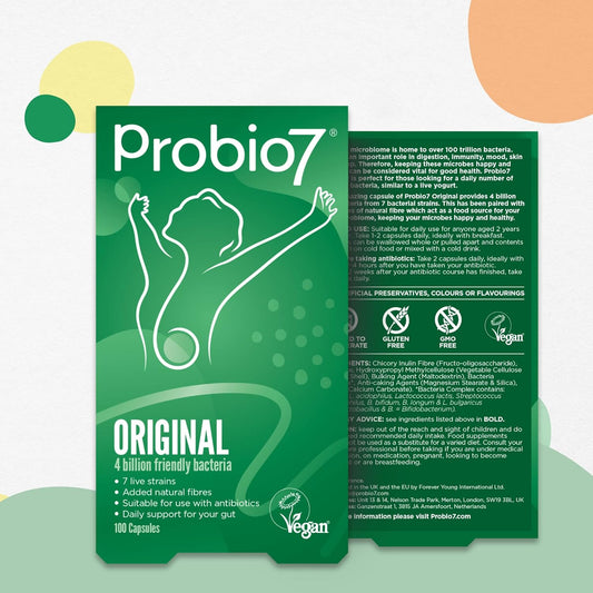 Probio7 Original | Vegan Approved | With 4 Billion Cfu, 7 Live Bacterial Strains + 2 Types Of Natural Fibre | Digestive Health Supplements, Probiotics For Gut Health, 100 Capsules