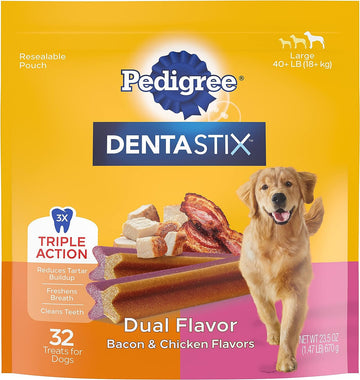 PEDIGREE DENTASTIX Dual Flavor Large Dog Dental Treats, Bacon & Chicken Flavors Dental Bones, 1.47 lb. Pack (32 Treats)