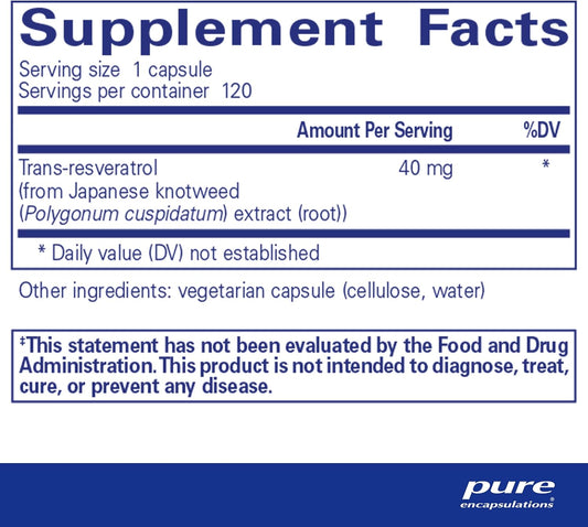 Pure Encapsulations Resveratrol - Cardiovascular, Cellular Health & Memory Support* - 40 Mg Trans-Resveratrol - Antioxidants Supplement - Gluten Free & Non-Gmo - 120 Capsules