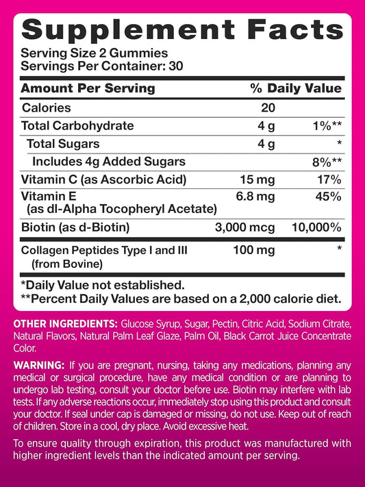 Pink Hair Skin Nails Gummies | 60 Count | Plus Collagen & Biotin | Non-Gmo & Gluten Free Vitamins For Women | Strawberry Flavor