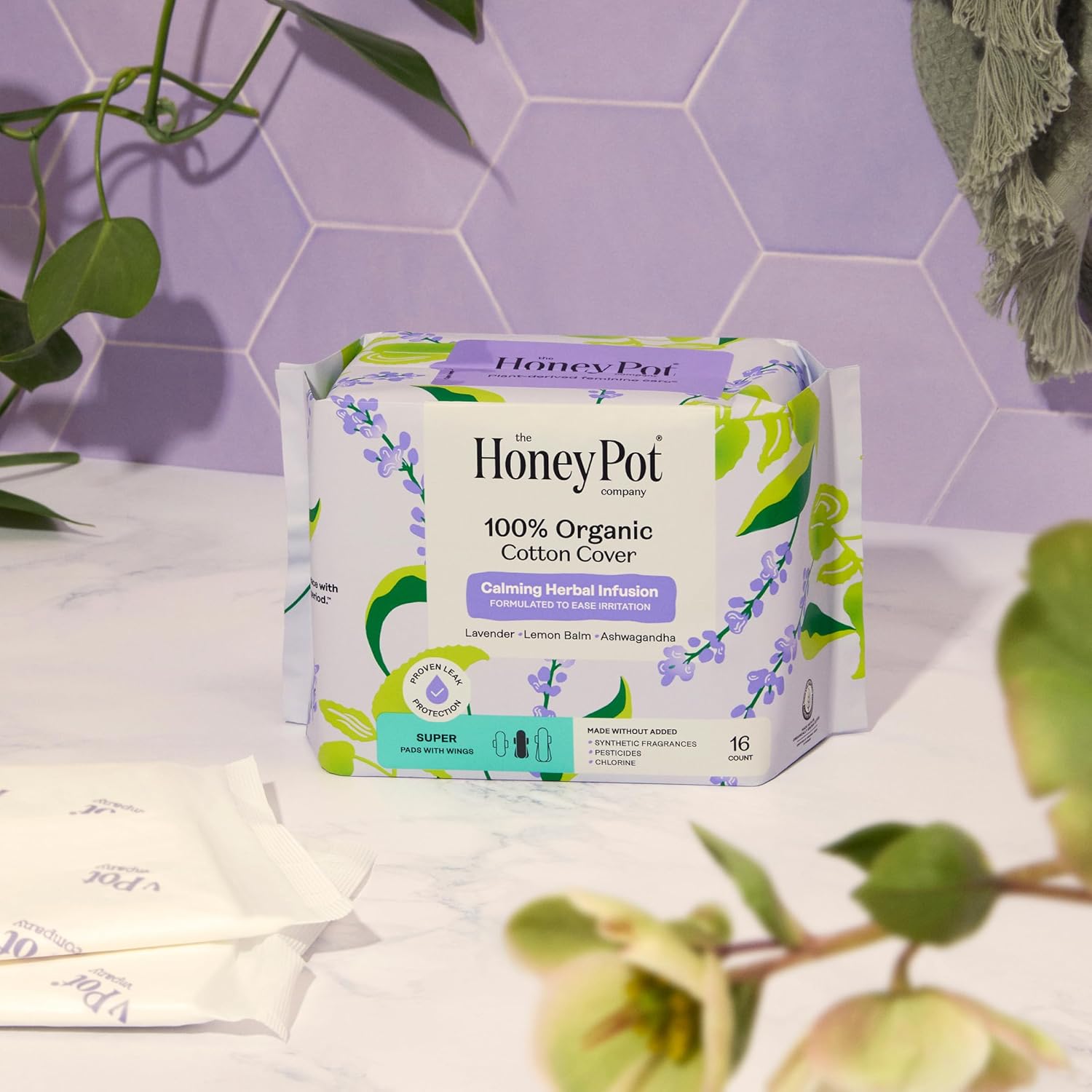 Honey Pot 100% Organic Cotton Cover Calming Herbal Infusion Super Pads, 16 Count : Health & Household