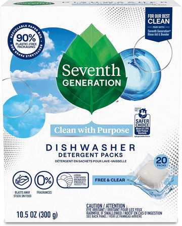 Seventh Generation Dishwasher Detergent Packs, Blasts Away Stuck-On Food, Free & Clear, 20 Packs