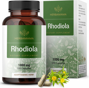 Herbamama Rhodiola Rosea Calm Capsules - 1000 Mg Rhodiola Rosea Supplement For Brain Support - Brain Health Supplements For Adults - Vegan, Non-Gmo - 100 Caps