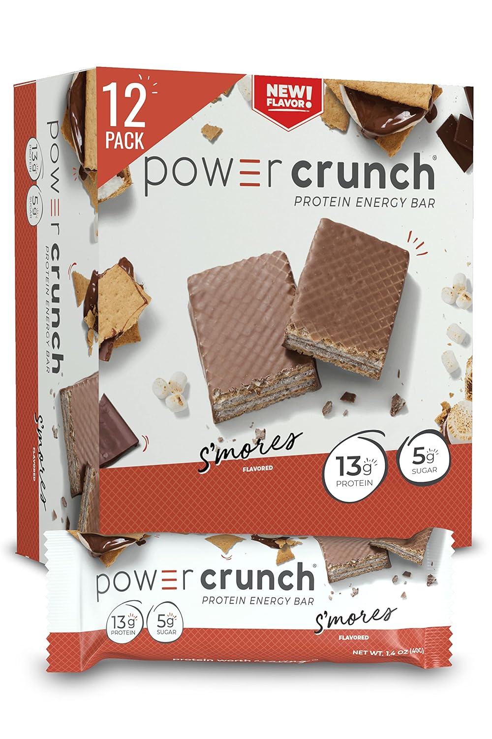 Power Crunch Protein Wafer Bars, High Protein Snacks With Delicious Taste, S'Mores, 1.4 Ounce (12 Count)