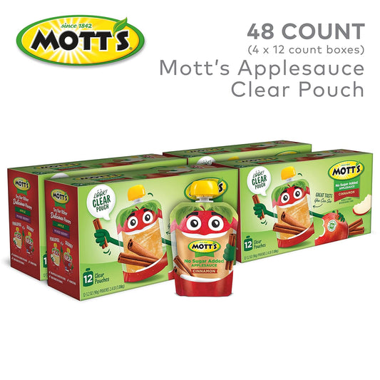 Mott'S No Sugar Added Cinnamon Applesauce, 3.2 Oz Clear Pouches, 48 Count (4 Packs Of 12), Good Source Of Vitamin C, No Artificial Flavors