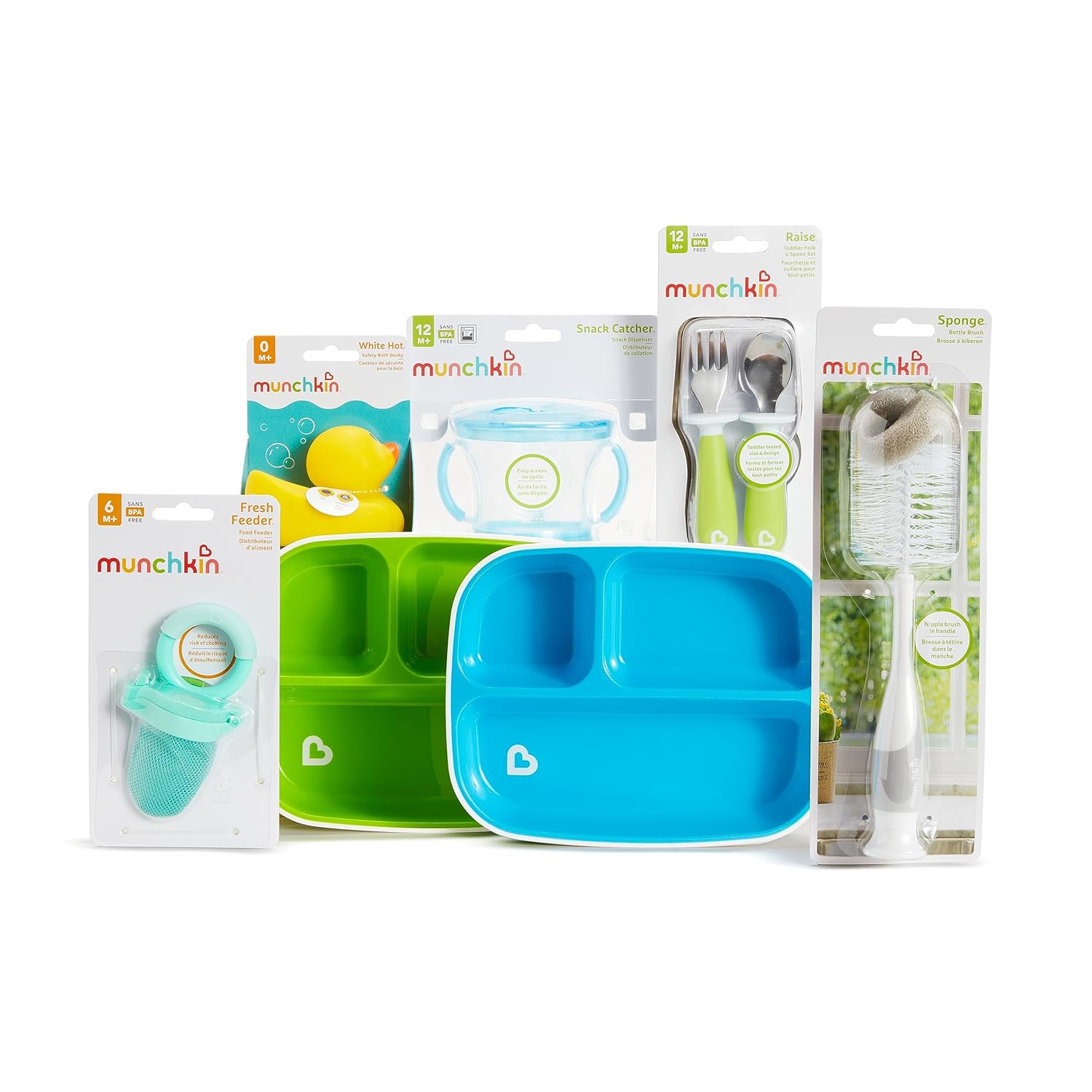 Munchkin® New Beginnings Baby Gift Set, Includes Feeding Utensils, Divided Plates, Bottle Brush, Bath Toy and Teether, Neutral : Baby