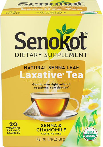 Senokot Dietary Supplement, Natural And Organic Senna Leaf, Laxative Tea For Occasional Constipation, 20 Wrapped Pyramid Sachets, Certified Organic