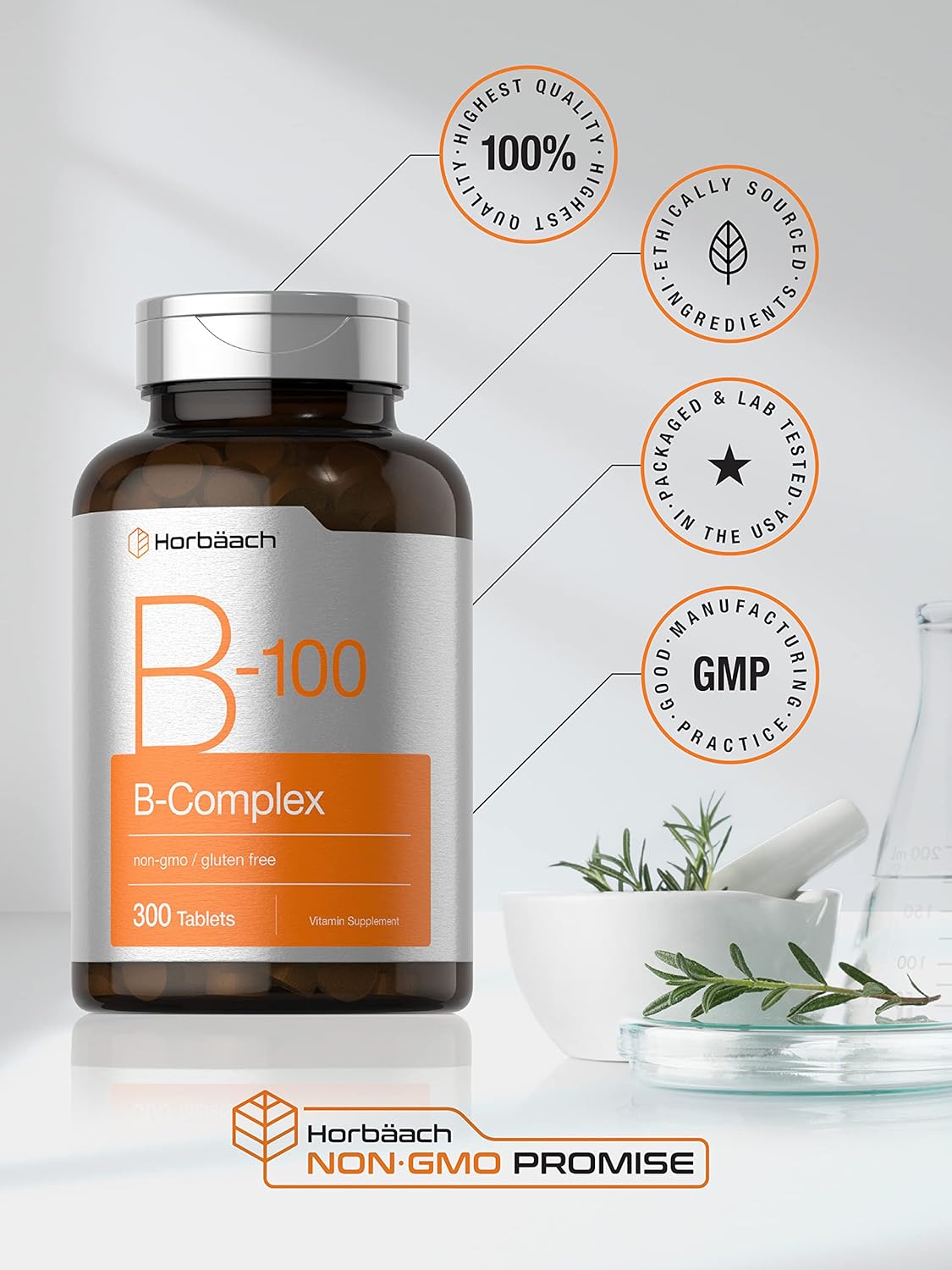 Horbäach Vitamin B-100 Complex | 100% of Daily Value | 300 Tablets | Vegetarian, Non-GMO, and Gluten Free Supplement : Health & Household