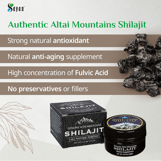 Sayan Pure Shilajit Resin 3.5Oz/100G, 660 Servings - Potent Organic Fulvic Acid Supplement - Supports Immune System, Memory, Focus, And Provides Natural Energy, Detox - Vegan, Non-Gmo
