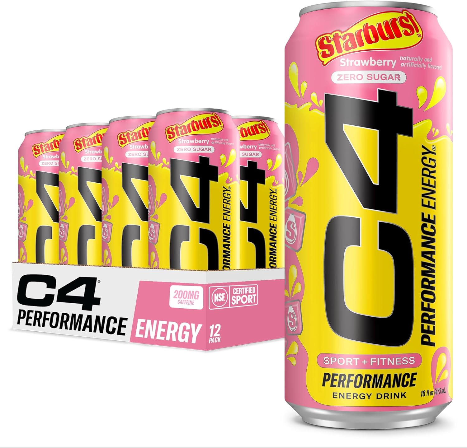 C4 Performance Energy Drink | Starbust™ Strawberry | Zero Sugar Carbonated Preworkout Energy | 200Mg Caffeine With Beta Alanine | 16 Fl Oz (12 Pack)