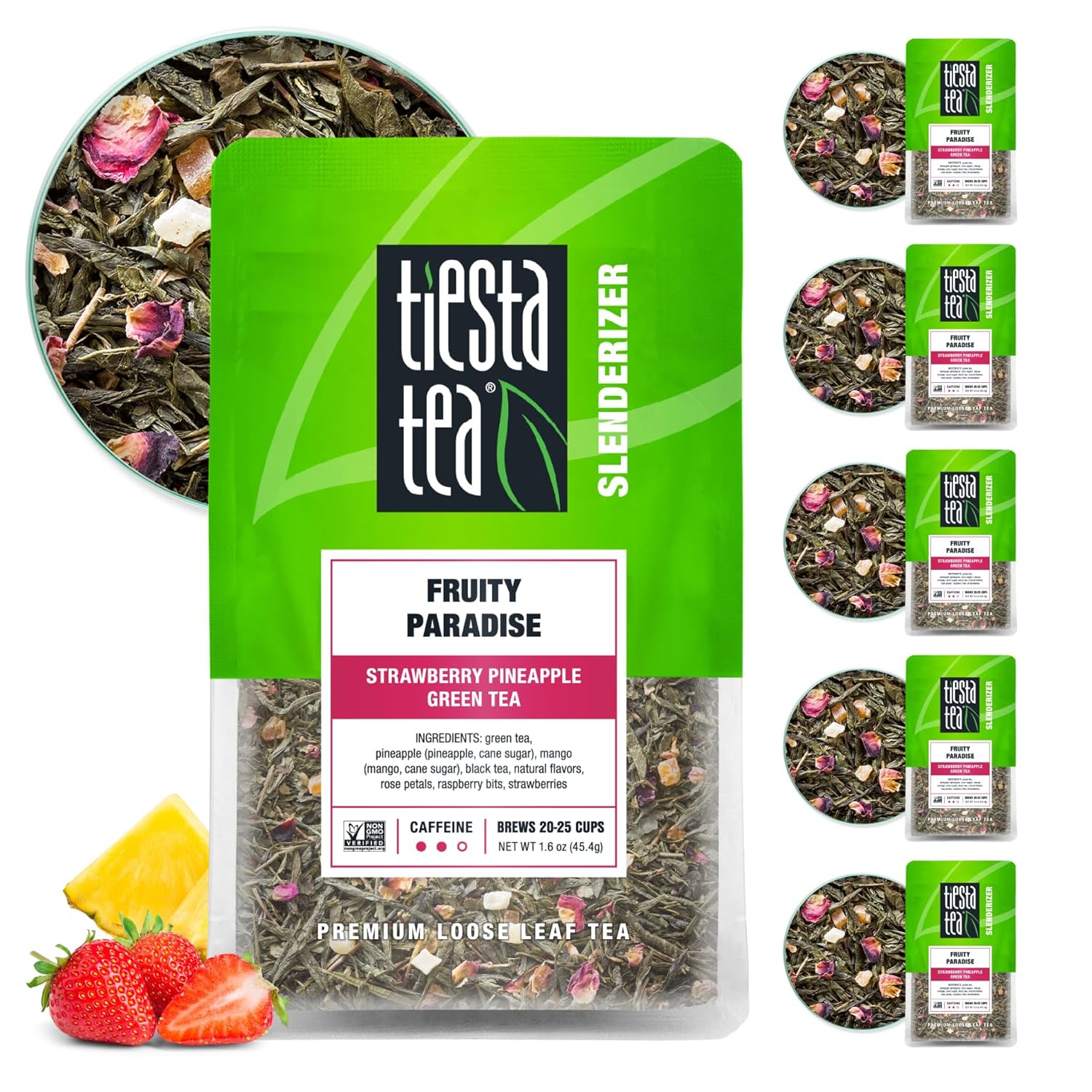 Tiesta Tea - Fruity Paradise | Strawberry Pineapple Green Tea | Premium Loose Leaf Tea Blend | Medium Caffeinated Green Tea | Make Hot Or Iced Tea & Up To 25 Cups - 9.6Oz Resealable Pouch, Pack Of 6