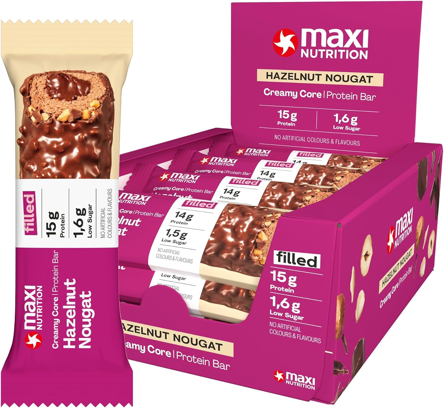 Maxinutrition Creamy Core Protein Bar - High Protein Snack - Fat-Free, Low In Sugar - 14G Protein - Hazelnut Nougat, 200 Kcal Per Serving, 12 X 45G