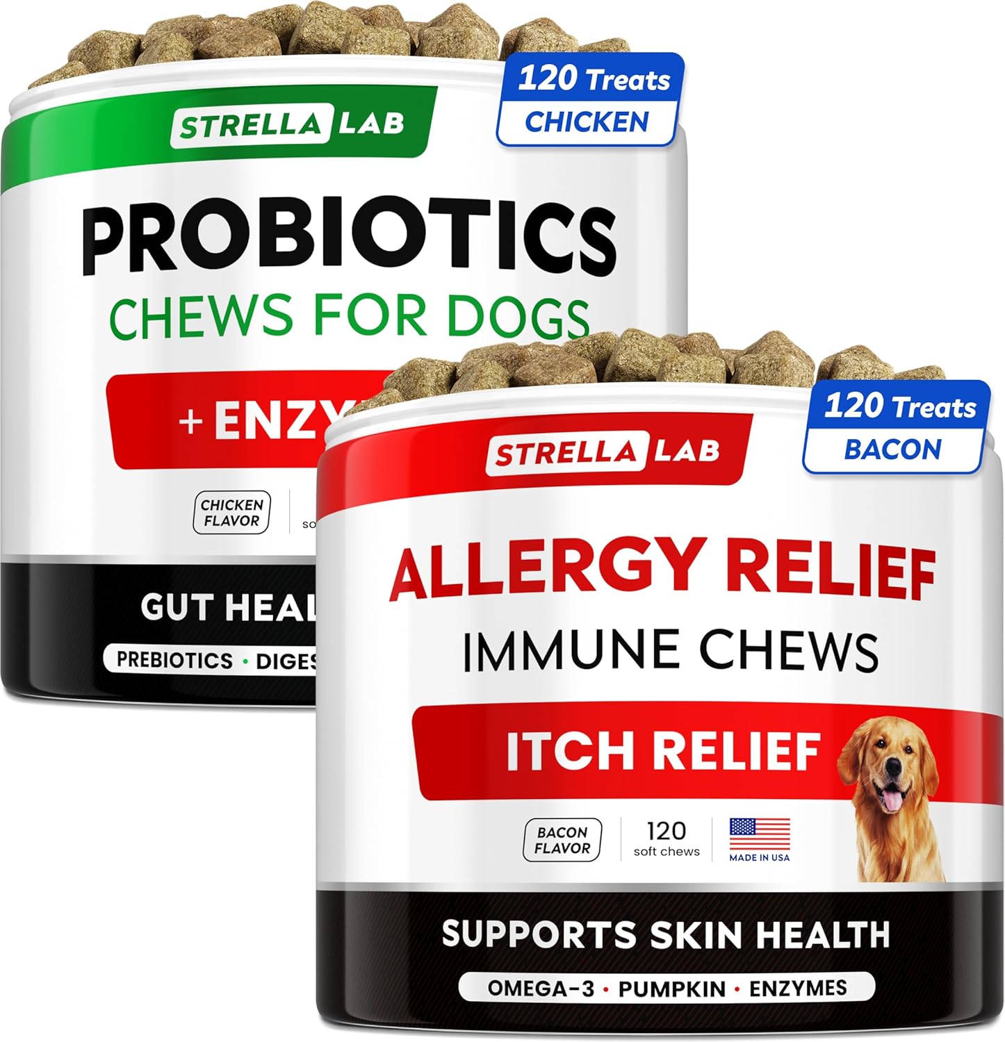 Allergy Relief + Probioticse For Dogs Bundle - Itchy Skin Treatment + Digestion & Gut Health - Omega 3 + Enzymes + Probiotics - Itchy Skin, Shedding + Upset Stomach & Gas Relief - 240Ct - Made In Usa