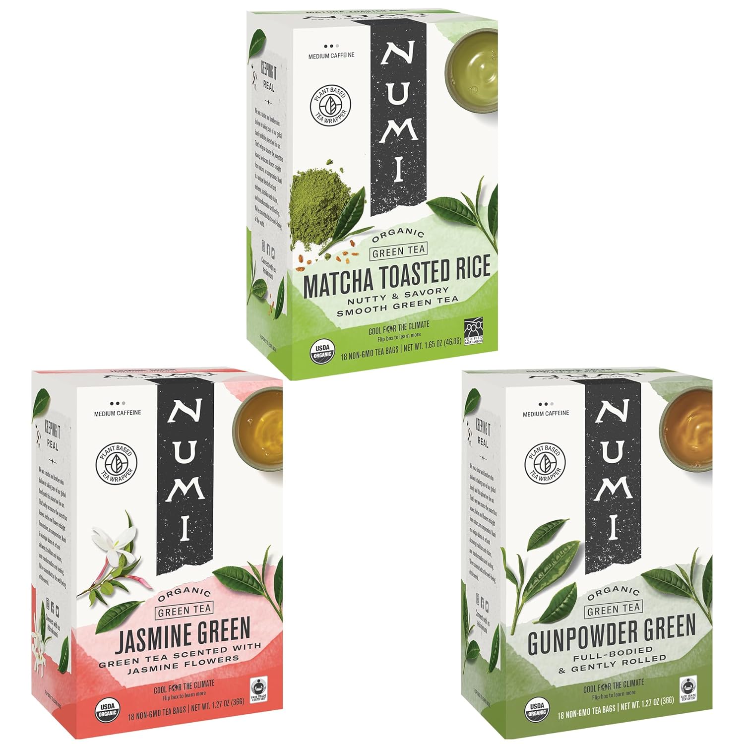 Numi Organic Green Tea Variety, 18 Tea Bags (Pack Of 3), Gunpowder, Jasmine Green & Matcha Toasted Rice (Packaging May Vary)