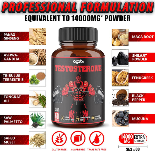 Agobi Testosterone Supplement For Men - 11 Potent Herbs - Ashwagandha, Tribulus, Ginseng & More - 60 Capsules For 1 Month