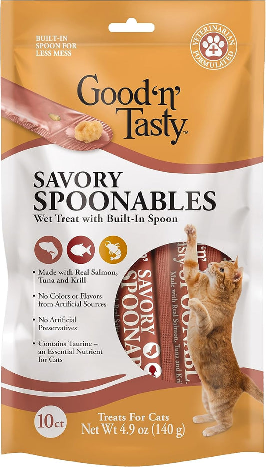 Good 'N' Tasty Savory Spoonables With Real Salmon, Tuna And Krill For Cats, 10 Count, Treat Your Cat To Triple Flavor Squeezable Lickable Wet Treats With Built-In Spoon For Less Mess