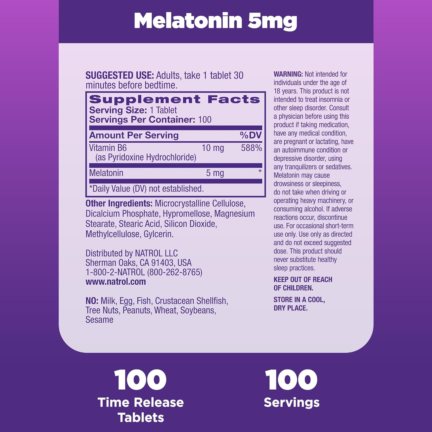 Natrol Time-Release Melatonin 5 mg, Dietary Supplement for Restful Sleep, 100 Tablets, 100 Day Supply : Health & Household