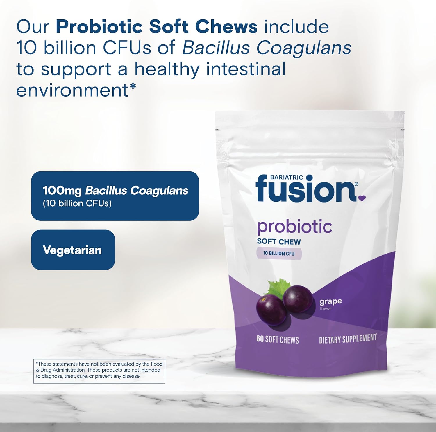 Bariatric Fusion Probiotic Soft Chews | Grape Flavor Chewy Bariatric Vitamin | 10 Billion Cfu | Bacillus Coagulans | Support Digestive & Immune Health | 60 Count : Health & Household