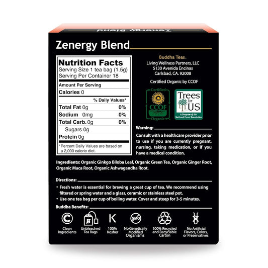 Buddha Teas Organic Zenergy Blend - Ou Kosher, Usda Organic, Ccof Organic, 18 Bleach-Free Tea Bags