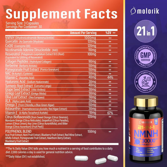 Nmnh Supplement, 21-In-1 Dihydronicotinamide Mononucleotide, 1000Mg Per Serving Nad+ Support, Gluten Free Supports Healthy Aging, Cellular Energy & Immune Health - 30 Servings