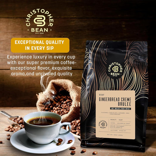 Christopher Bean Coffee - Decaf Ground Universal Drip Gingerbread Creme Brulee Flavored Coffee| Coffee Beans With Medium Roast 100% Arabica, No Sugar, No Fats, Non-Gmo | 10 - Ounce Bag