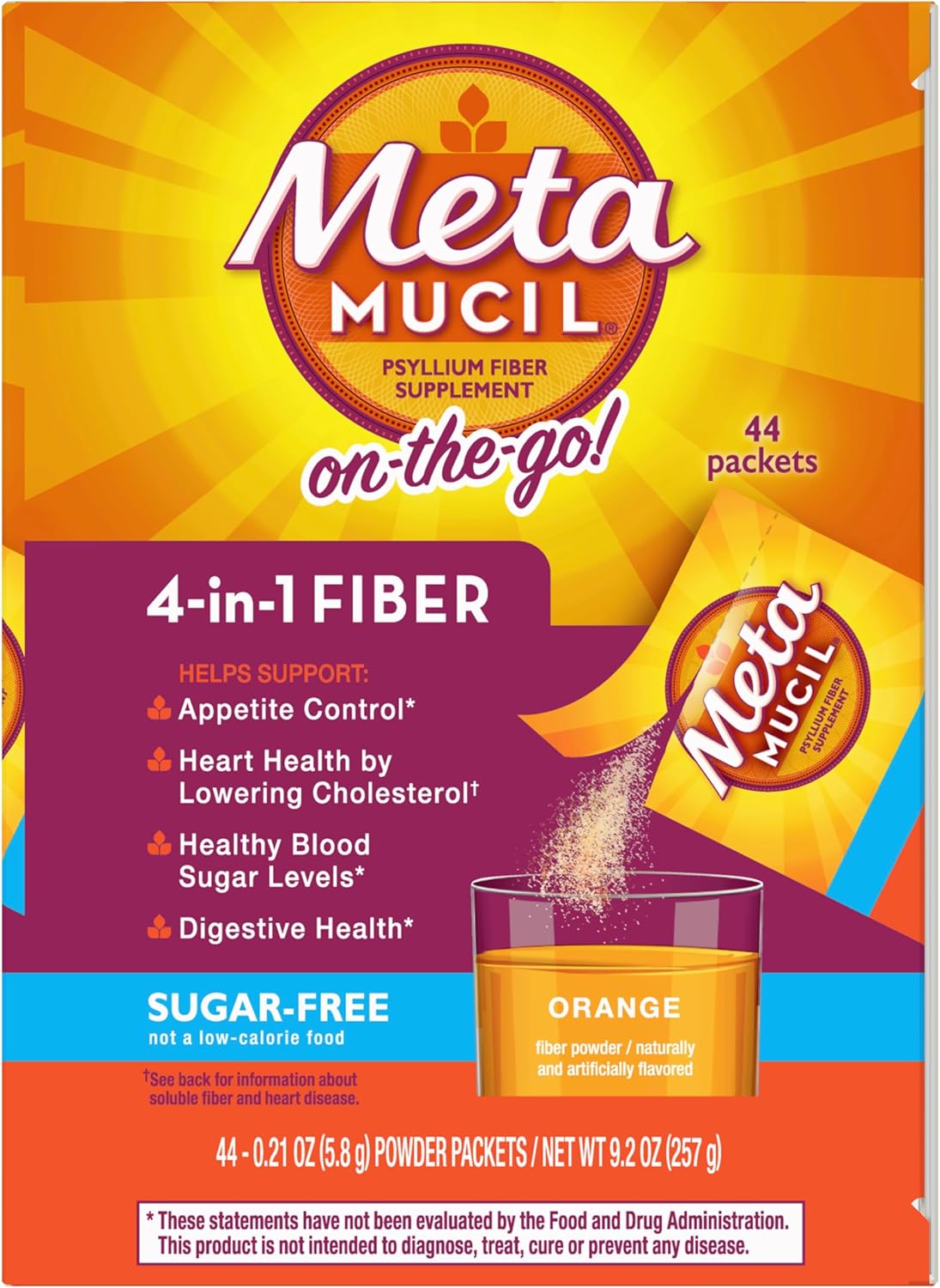Metamucil On-The-Go, Daily Psyllium Husk Powder Supplement, Sugar-Free Powder, 4-In-1 Fiber For Digestive Health, Orange Flavored Drink, 44 Packets