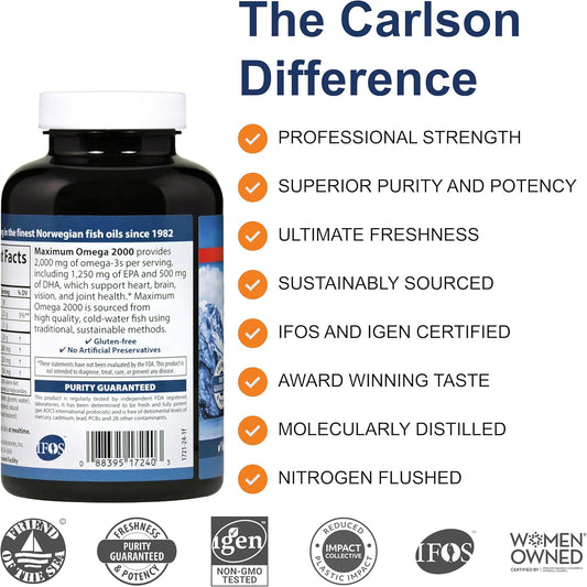 Carlson - Maximum Omega 2000, 2000 Mg Omega-3 Fatty Acids Including Epa And Dha, Wild-Caught, Norwegian Fish Oil Supplement, Sustainably Sourced Fish Oil Capsules, Lemon, 90+30 Softgels