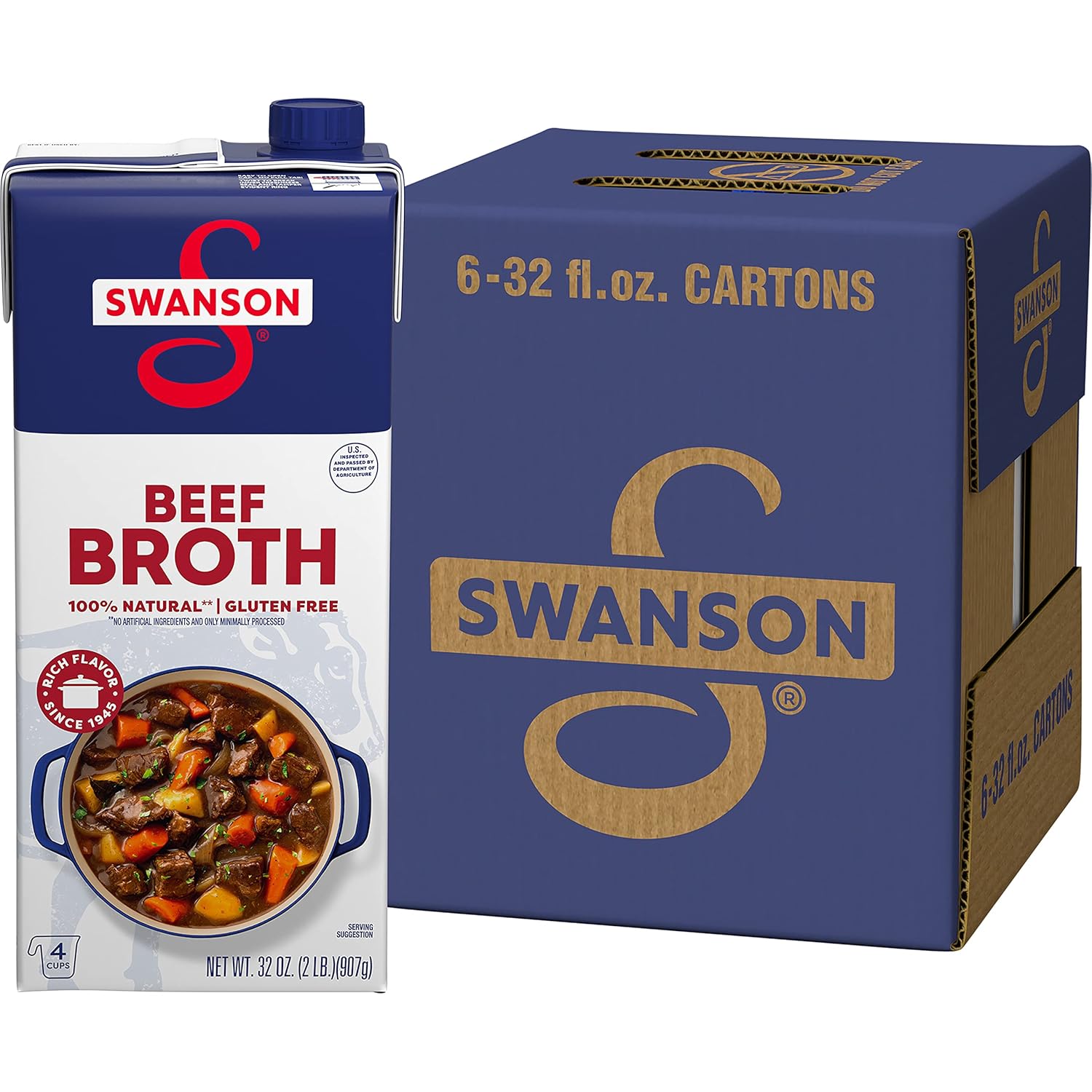 Swanson 100% Natural, Gluten-Free Beef Broth, 32 0zCarton (Pack of 6)