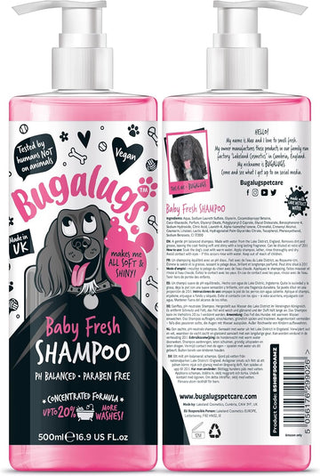 BUGALUGS Baby Fresh Dog Shampoo 500ml dog grooming products for smelly dogs with baby powder scent, Vegan, best pet puppy shampoo conditioner professional (1x500ml)?BSHBF500AMZ
