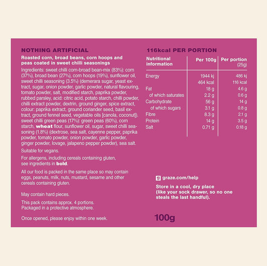 Graze Sweet Chilli Crunch - Vegan Savoury Healthy Snacks Sharing Bags, High In Fibre, Natural Flavours - Packaging May Vary - (6 X 100G Sharing Bags)