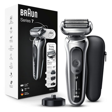 Braun Electric Razor For Men, Waterproof Foil Shaver, Series 7 7027Cs, Wet & Dry Shave, With Beard Trimmer, Rechargeable, Charging Stand And Travel Case Included, Silver Black