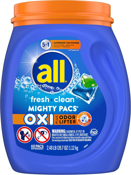 All Laundry Detergent Pacs, Fresh Clean Oxi Plus Odor Lifter, 60 Count (Packaging May Vary)