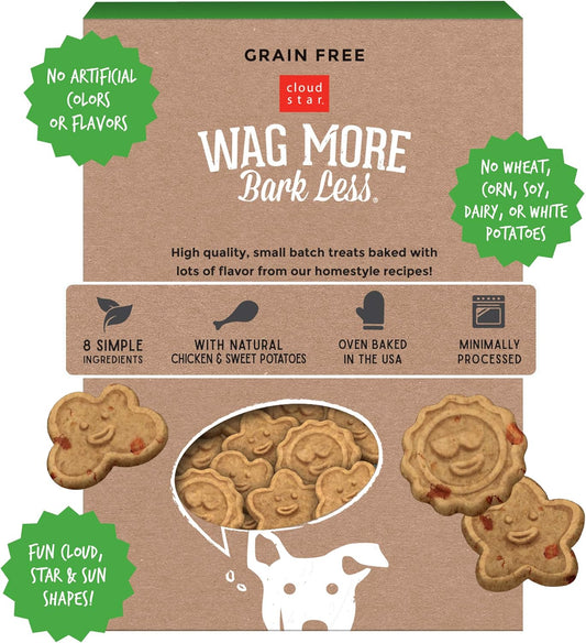 Cloud Star Wag More Bark Less - Dog Treats - Crunchy Biscuits - Grain Free Chicken & Sweet Potato - 14 Oz Box