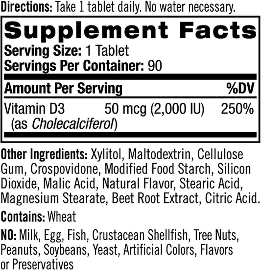 Natrol Vitamin D3 2,000 IU Tablets, Support Your Immune Health, Strawberry, 90 Count