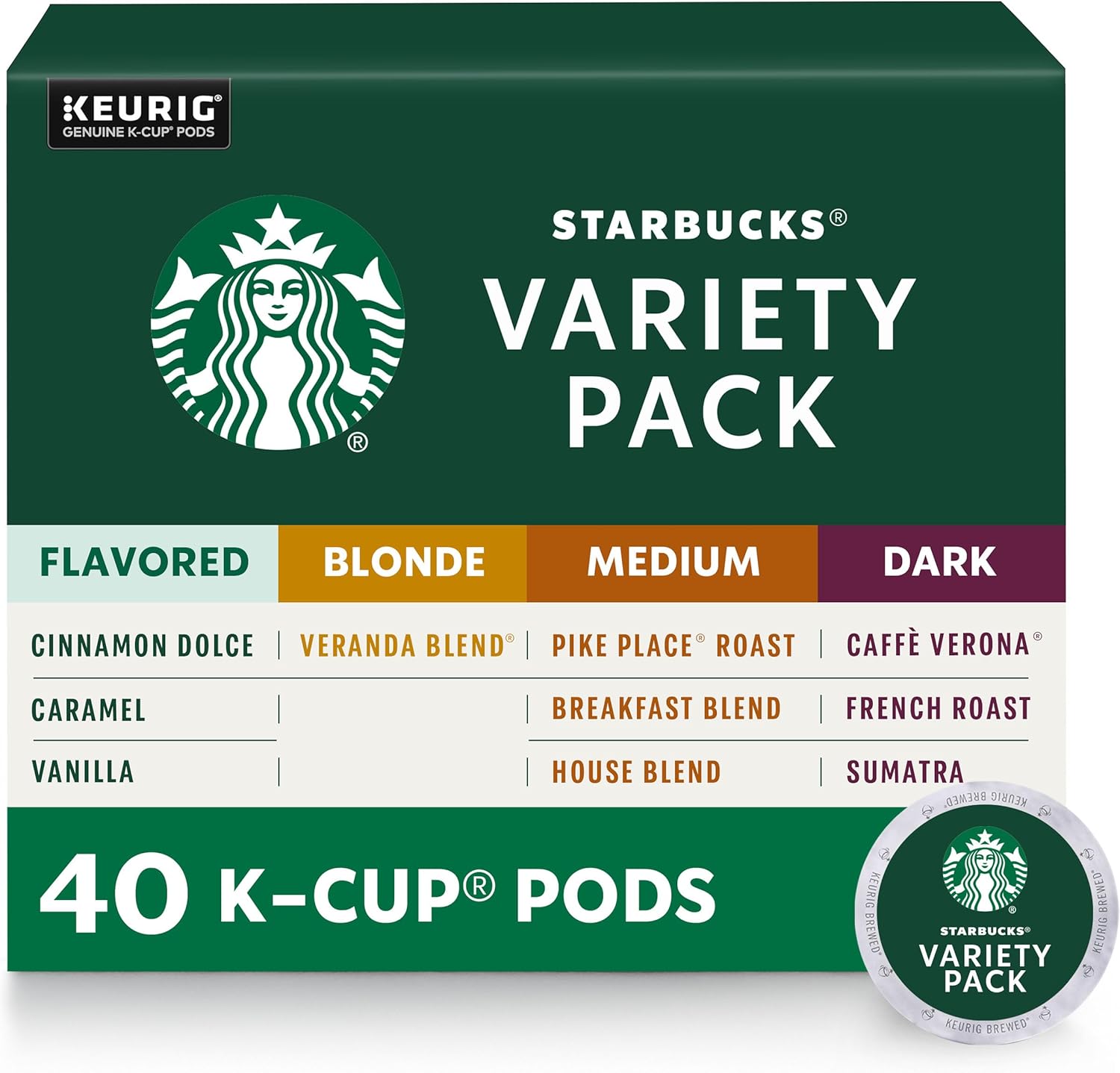 Starbucks K-Cup Coffee Pods—Starbucks Blonde, Medium, Dark Roast & Flavored Coffee—Variety Pack For Keurig Brewers—1 Box (40 Pods Total)