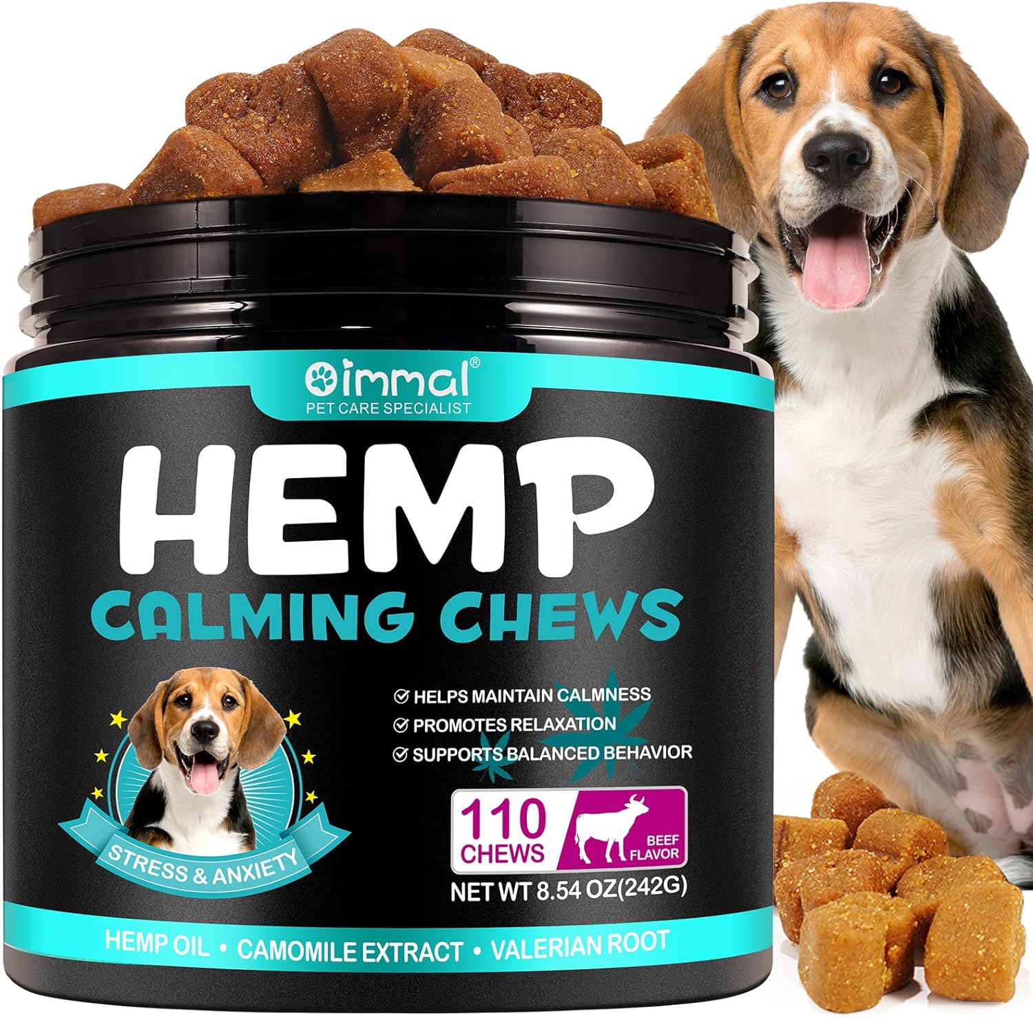 Hemp Calming Chews for Dogs, 110 Chews Beef Dog Calming Treats Anxiety Relief 100% Golden Ratio of Natural Ingredients Calming Dog Treats, Aid with Separation, Barking, Stress Relief, Thunderstorms