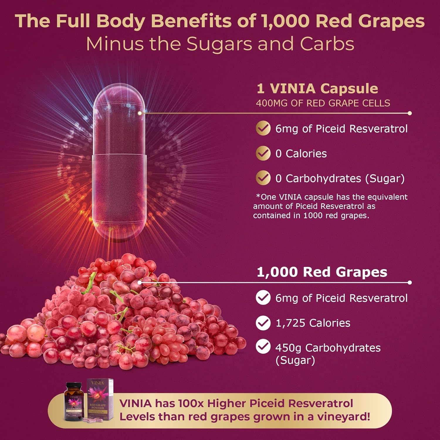 Vinia 12-Hour Long-Lasting Piceid Resveratrol Supplement. Nitric Oxide Supplement. Supports Heart Health, Blood Flow, Boost Oxygen Superfood Powder, Keto Friendly. Vegan & Non-Gmo. 30 Day Supply. : Health & Household