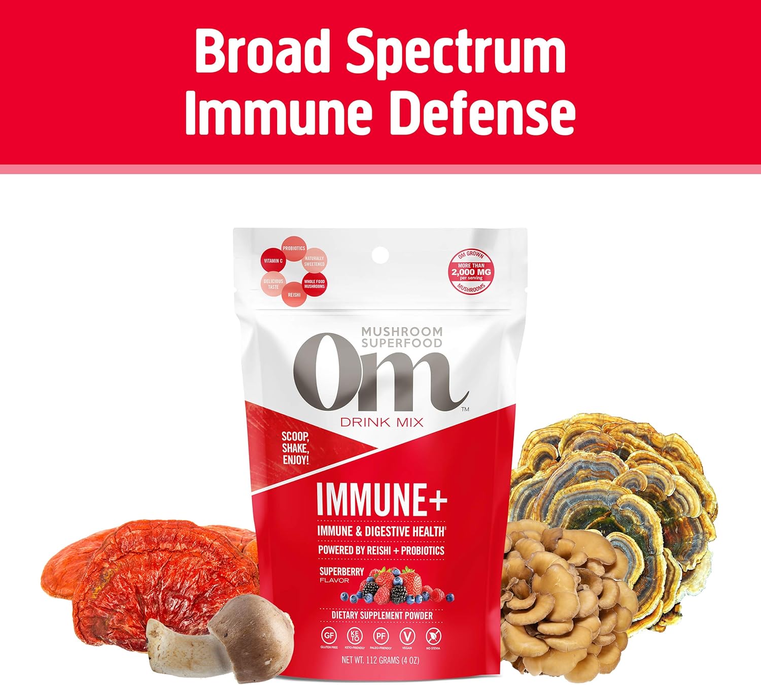 Om Mushroom Superfood Immune Plus Mushroom Powder Drink Mix, Superberry, 4 , 18 Servings, Mushroom Blend, Reishi, Turkey Tail, Agaricus blazei, Vitamin C & Probiotics, Immune Support Supplement