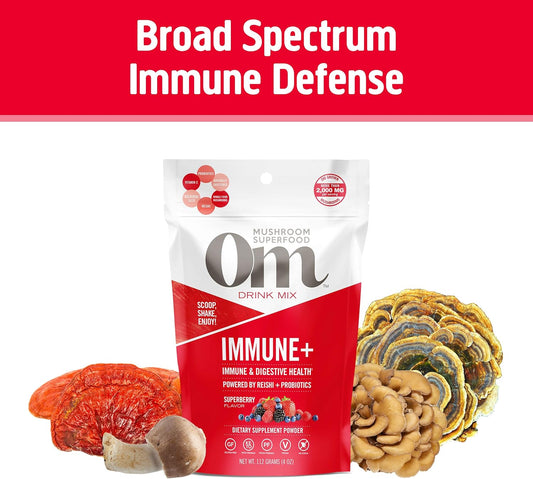 Om Mushroom Superfood Immune Plus Mushroom Powder Drink Mix, Superberry, 4 , 18 Servings, Mushroom Blend, Reishi, Turkey Tail, Agaricus blazei, Vitamin C & Probiotics, Immune Support Supplement