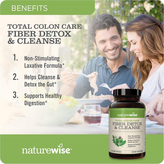 Naturewise Total Colon Care Fiber Cleanse With Herbal Laxatives, Prebiotics, & Digestive Enzymes For Healthy Elimination, Safe Digestion & Weight, Detox, & Gut Health [1 Month Supply - 60 Count]