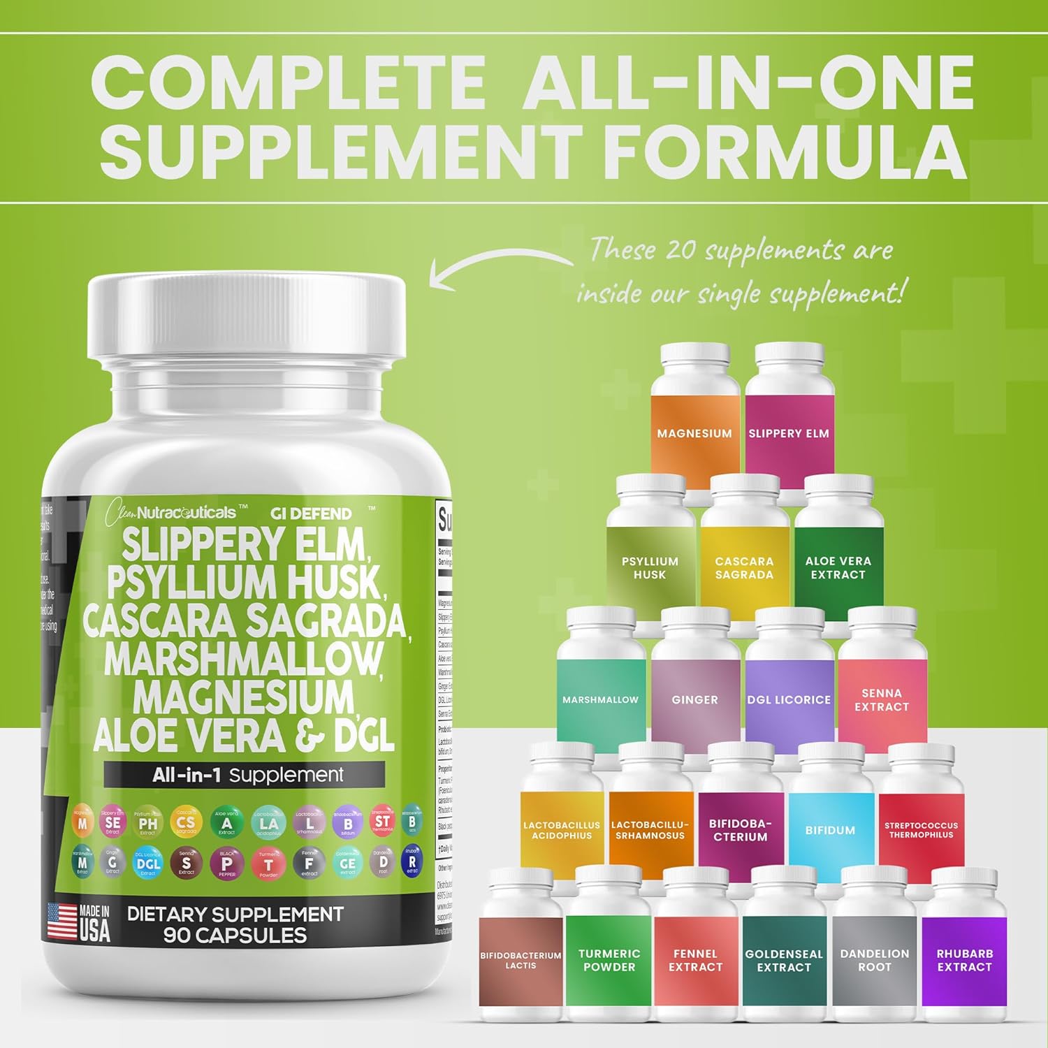 Clean Nutraceuticals Slippery Elm 5000mg Psyllium Husk 2000mg Pre Probiotic Digestive Gut Health Supplement with Aloe Vera Cascara Sagrada 2000mg Marshmallow Root DGL Licorice Senna Extract : Health & Household