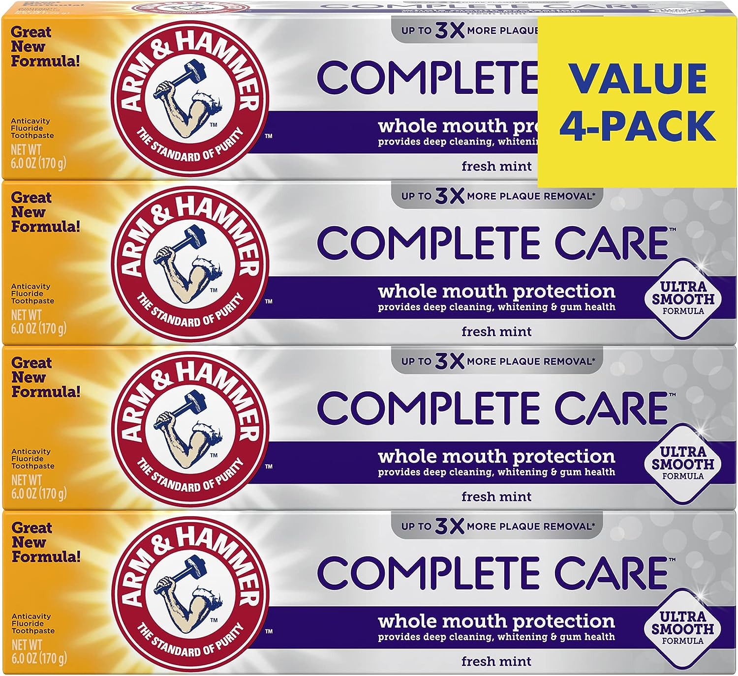 Arm & Hammer Complete Care Toothpaste, Fresh Mint Flavor, Whole Mouth Protection, 6.0oz (4-Pack)