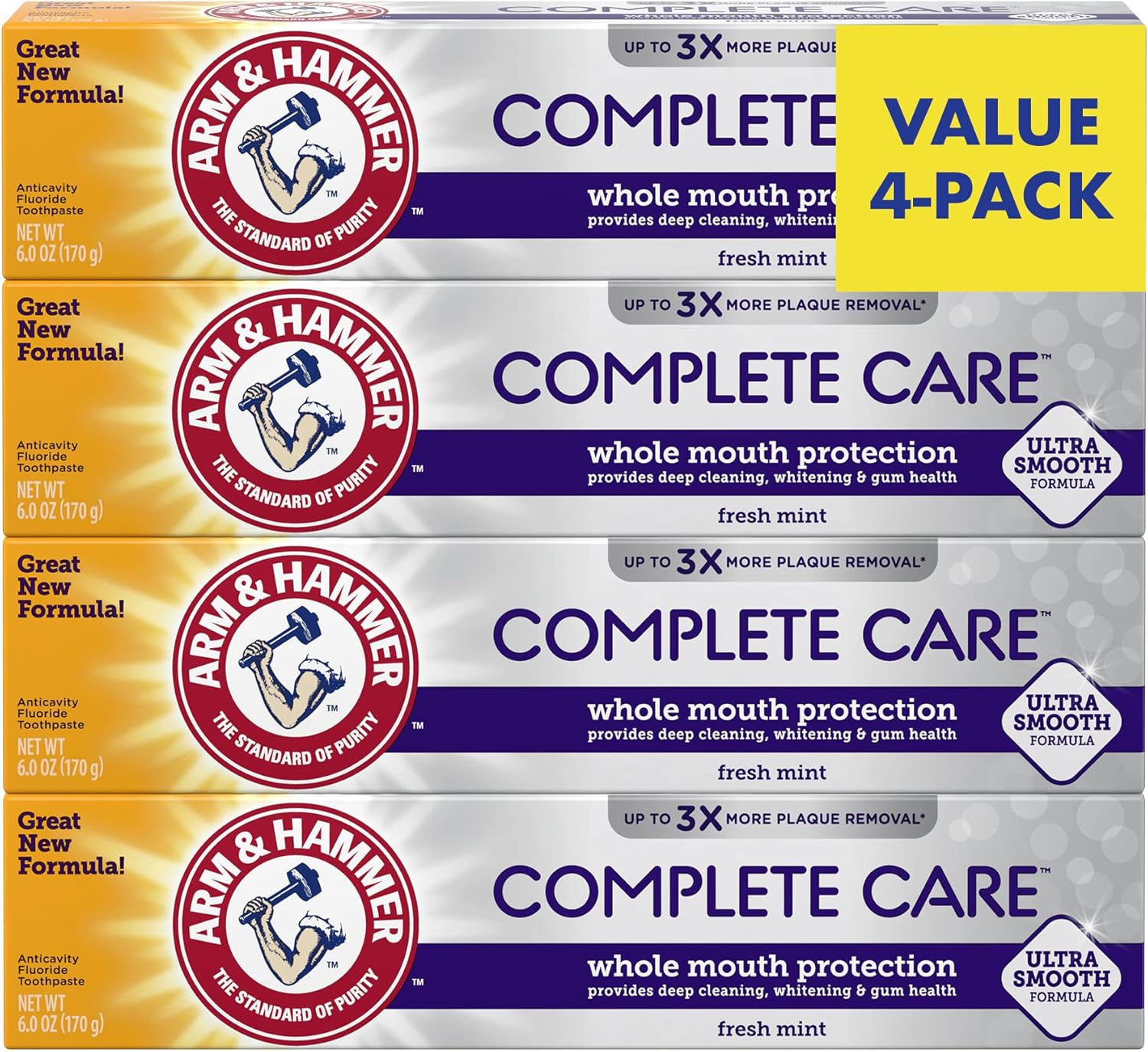 Arm & Hammer Complete Care Toothpaste, Fresh Mint Flavor, Whole Mouth Protection, 6.0Oz (4-Pack)