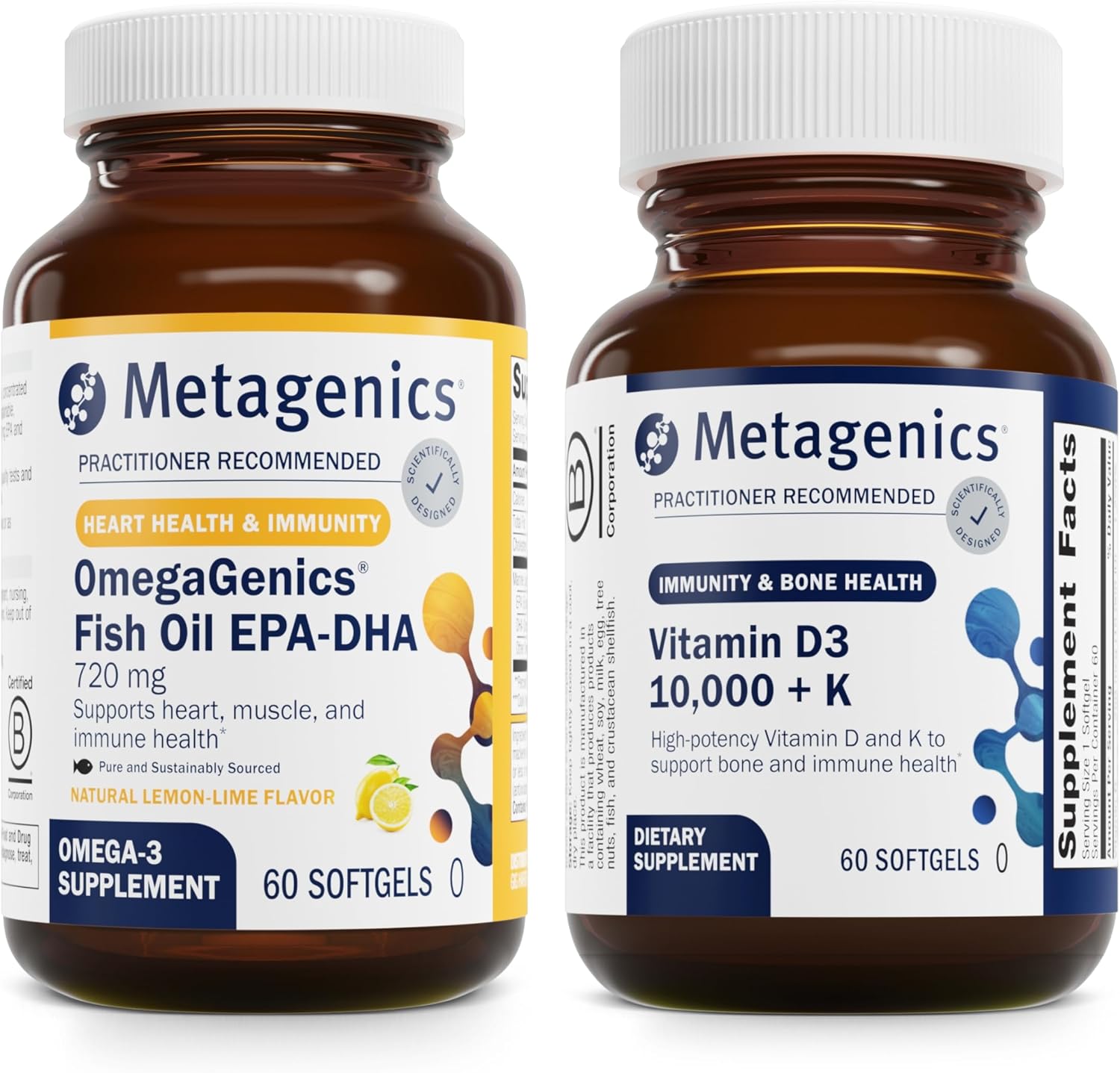 Metagenics Bundle - Omegagenics Epa-Dha 720 & D3 10,000 + K - 30 Servings Of Omegagenics Epa-Dha 720 For Heart Health, Immune Function - 60 Softgels Of D3 10,000 + K For Bone Health, Heart Health