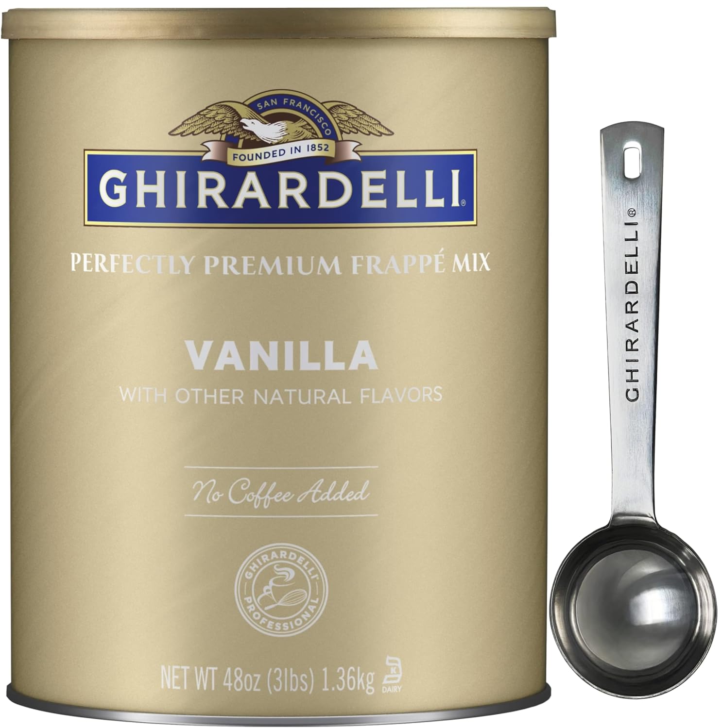 Ghirardelli Vanilla Premium Frappe Mix 3 lb Can with Ghirardelli Stamped Barista Spoon